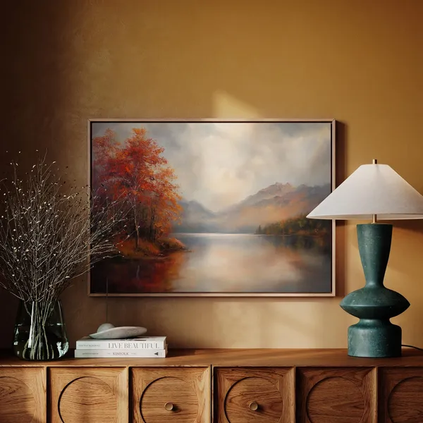 Autumn Lake Mountain Art Print, Rustic Landscape
