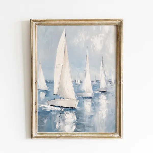 Vintage Sailing Boats Art Print, Nautical Harbor Regatta