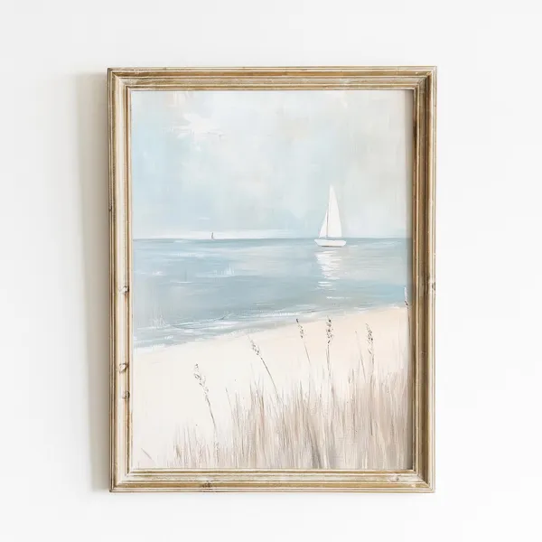 Vintage Coastal Sailboat Art Print, Nautical Decor