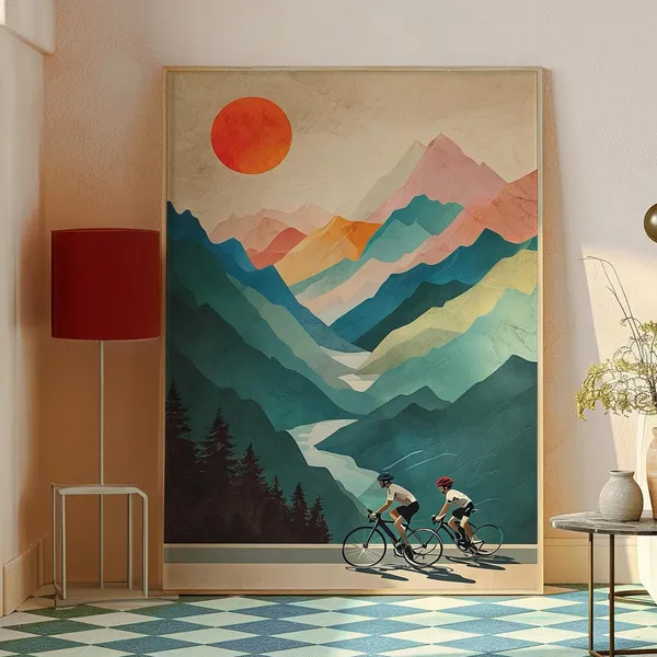 Cycling Couple Art Print, Minimalist Mountain Adventure