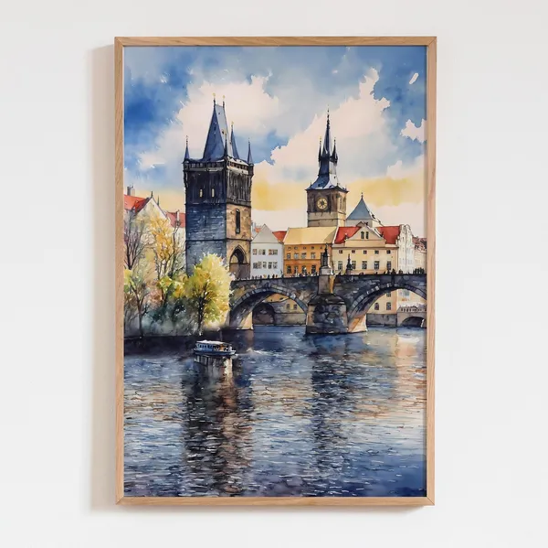Prague Travel Poster, Watercolor Charles Bridge Art