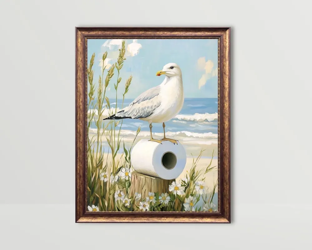 Seagull Toilet Paper Beach Bathroom Poster Print