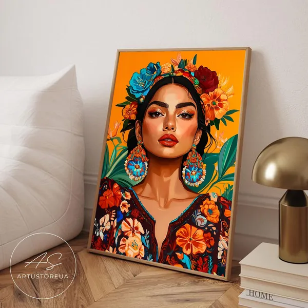 Latin Woman Art Print, Bold Floral Portrait