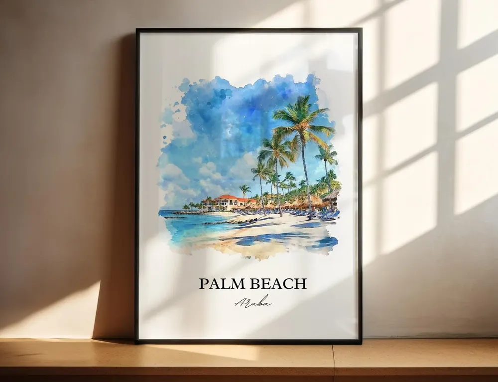 Palm Beach Aruba Watercolor Travel Poster, Oranjestad