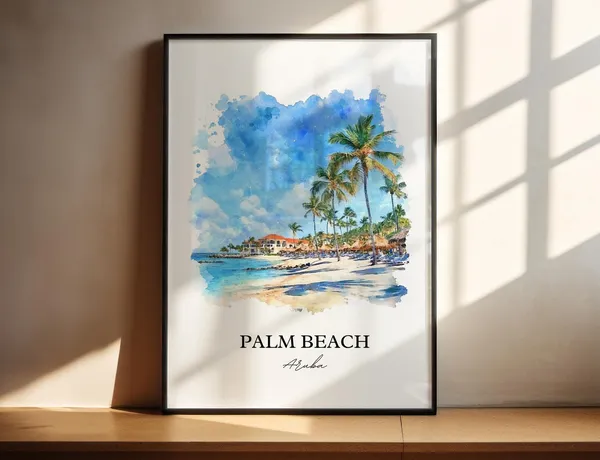Palm Beach Aruba Watercolor Travel Poster, Oranjestad