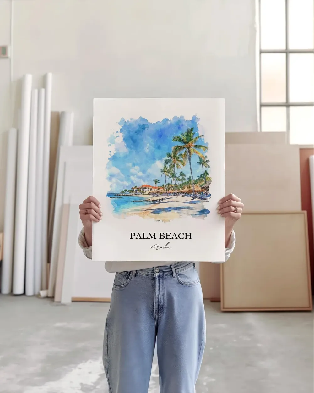 Palm Beach Aruba Watercolor Travel Poster, Oranjestad - Image 5