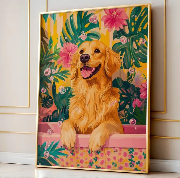 Golden Retriever In Bathtub Pink Dopamine Wall Art Print