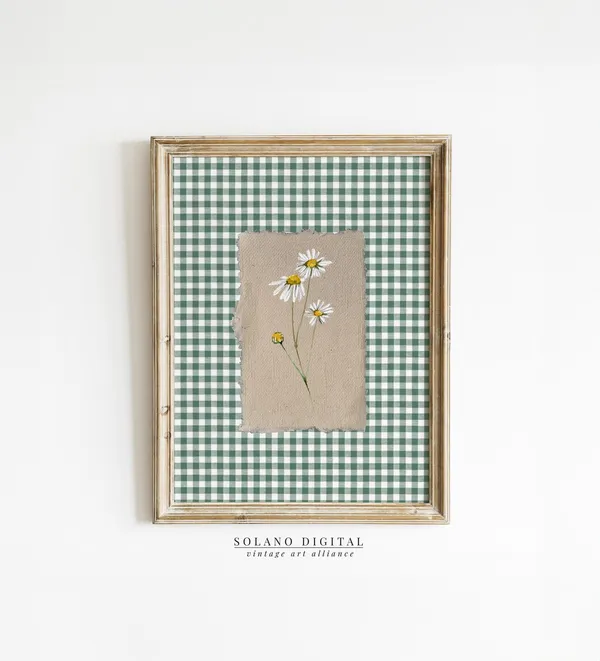 Green Gingham Flower Print, Vintage Floral Art Print
