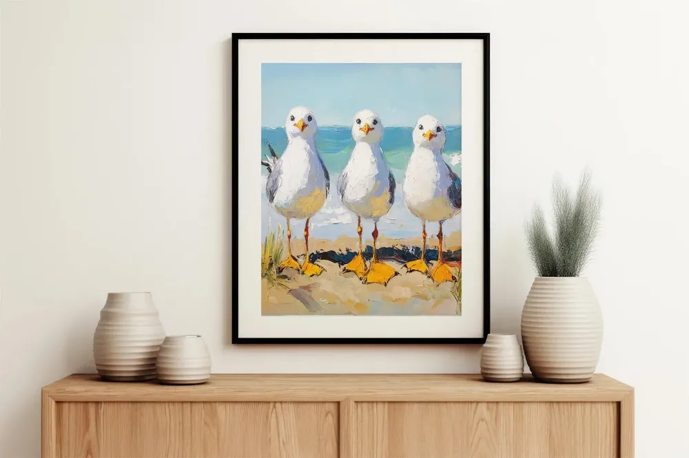 Seagulls at the Beach Art Print, Coastal Bathroom Decor