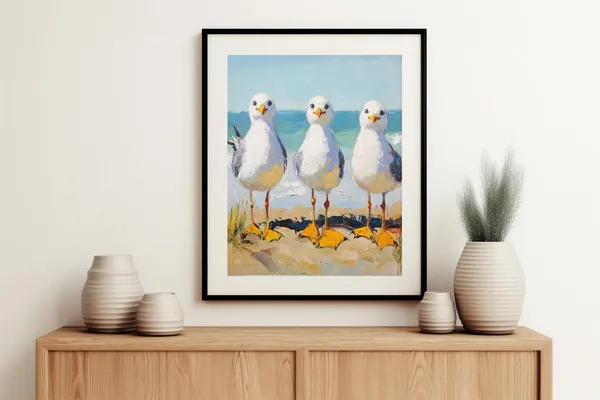 Seagulls at the Beach Art Print, Coastal Bathroom Decor