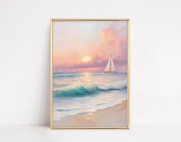 Pastel Sunset Coastal Painting, Vintage Beach Art Print