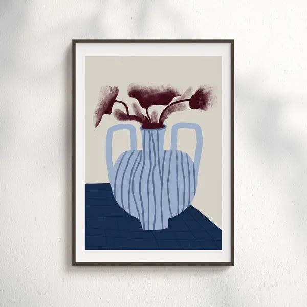 Blue Vase Modern Botanical Poster, Flower Illustration