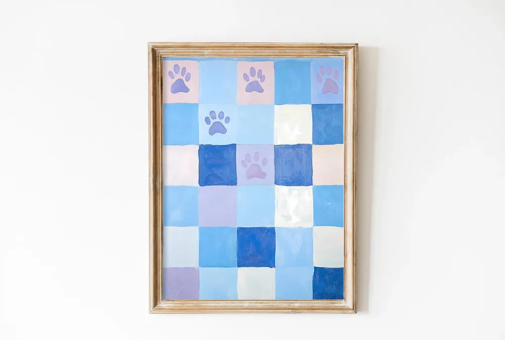 Dusty Blue Checkered Dog Print, Dog Nursery Art Print