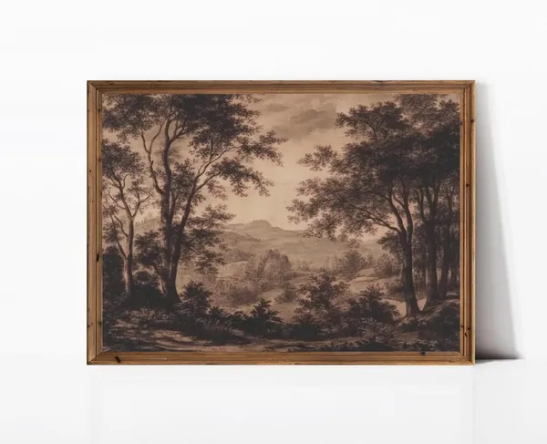 Vintage Moody Sepia Landscape Art Print, Farmhouse