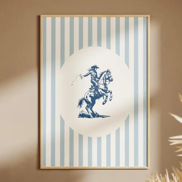 Light Blue Striped Western Cowgirl Poster, Vintage