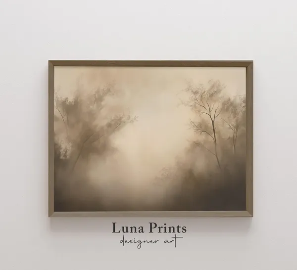 Muted Trees Landscape Painting, Neutral Abstract Art