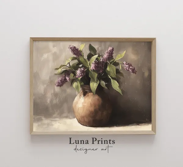 Lilac Floral Painting Art Print, Neutral Botanical
