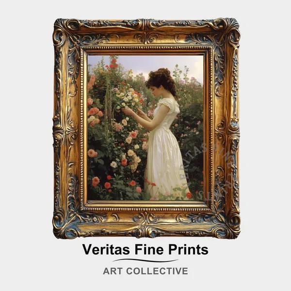 Victorian Lady in Rose Garden, Vintage Floral Art Print