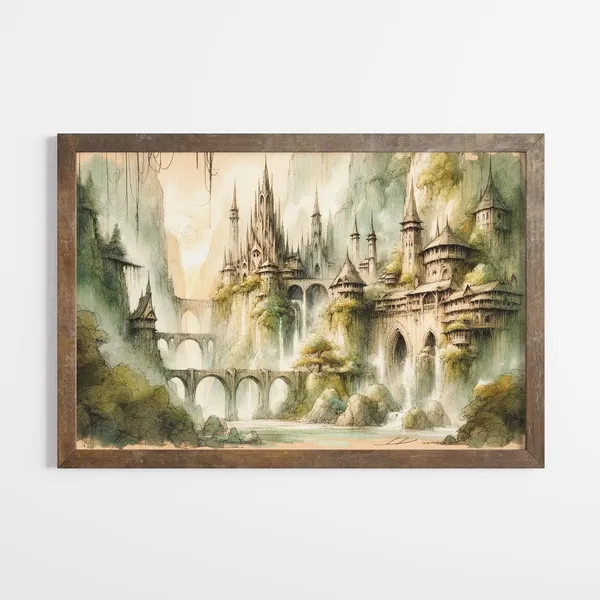 Rivendell Illustration, Black Ink and Watercolor Art Print