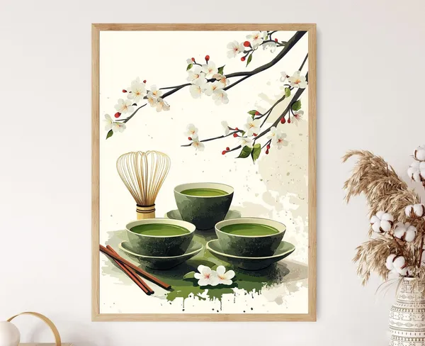 Japanese Matcha Tea Art Print, Cherry Blossom Whisk