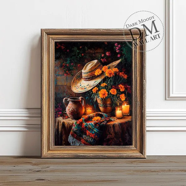 Mexican Sombrero Marigold Art Print, Rustic Still Life