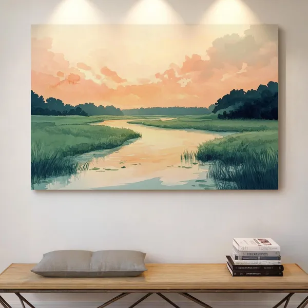 River Sunset Landscape, Watercolor-Style Nature Art Print