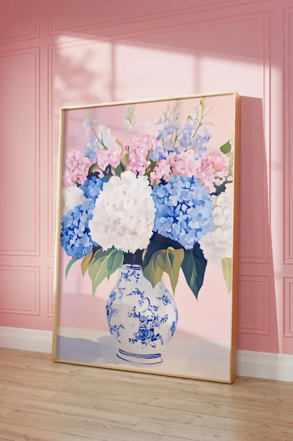 Preppy Hydrangea Painting, Chinoiserie Floral Art