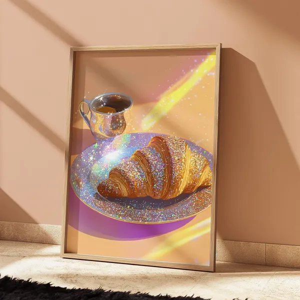 Coffee And Croissant Kitchen Art Print, Cafe Decor