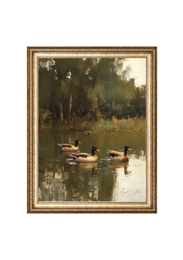 Mallard Ducks On A Pond, Vintage Oil Painting Art Print