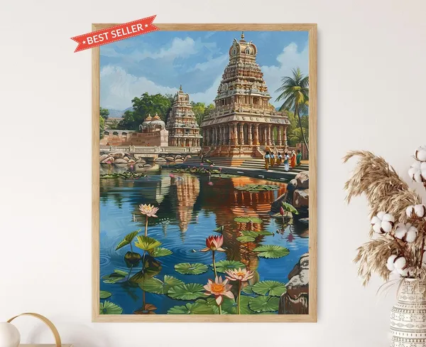 Temple Pond in Tamil Nadu, South Indian Art Print