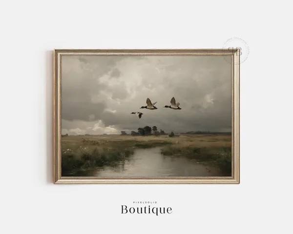 Flying Mallard Ducks Over Marsh, Vintage Lodge Art Print
