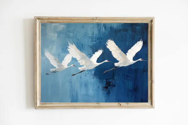 Flying Cranes Blue Coastal Art Print, Modern Abstract