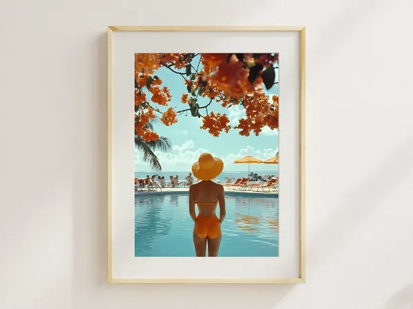 Retro Poolside Woman In Orange Swimsuit Art Print