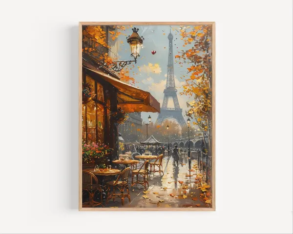 Paris Cafe Oil Painting Eiffel Tower Travel Poster