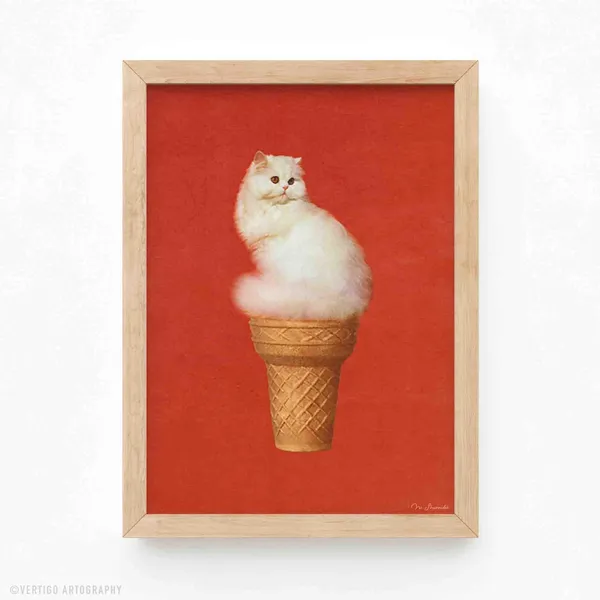 Ice Cream Cat Surreal Collage Art Print