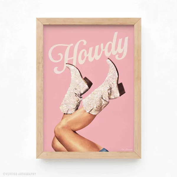 Glitter Cowgirl Boots Art Print, Pink Rodeo Decor
