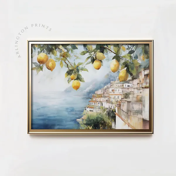 Amalfi Coast Landscape Art Print, Coastal Lemons