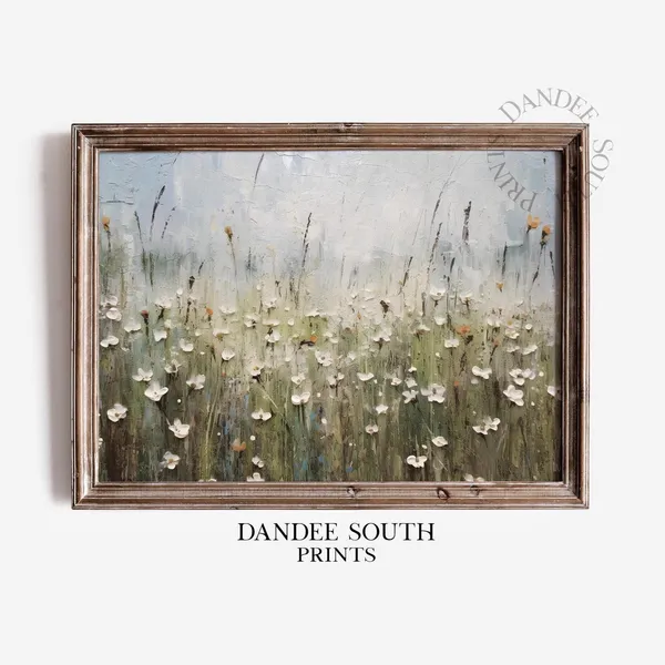 Wildflowers Country Field Scene, Vintage Landscape Art Print