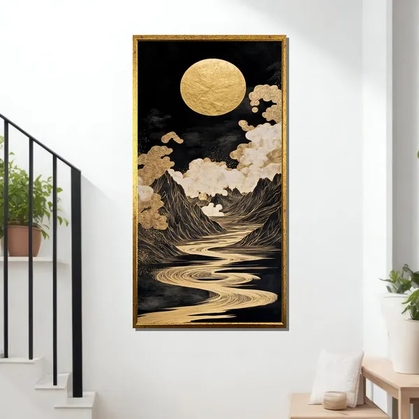 Golden Moon And River, Japanese Minimalist Art Print