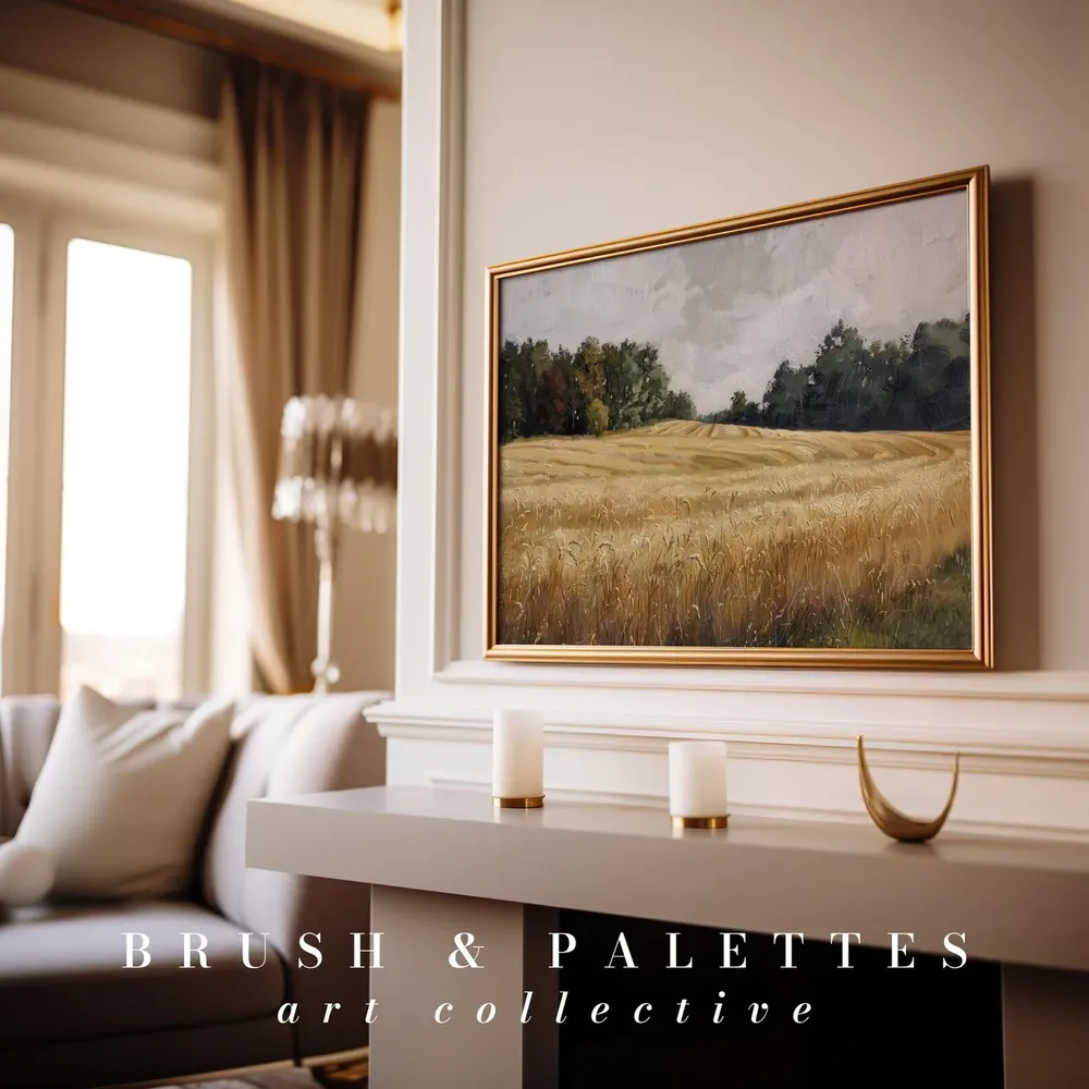Golden Wheat Field Painting Rustic Landscape Art Print - Image 3