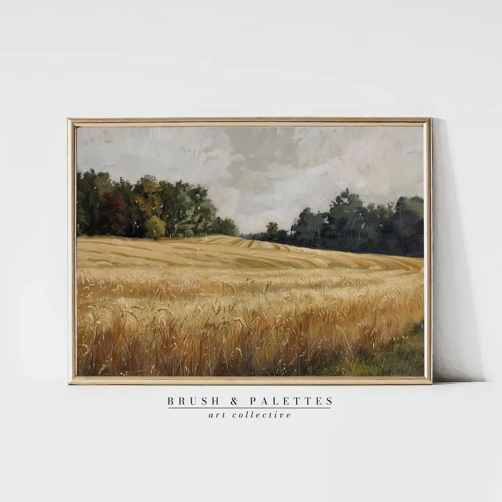 Golden Wheat Field Painting Rustic Landscape Art Print
