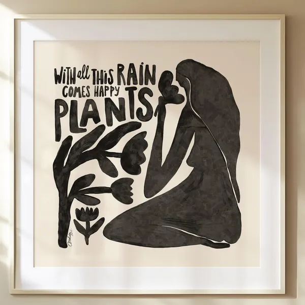 Abstract Botanical Art Print, Black Beige Flowers