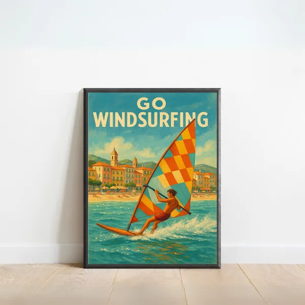 Windsurfing Vintage Coastal Travel Poster