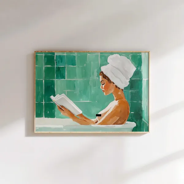 Modern Woman In Bath Reading, Bathroom Art Print