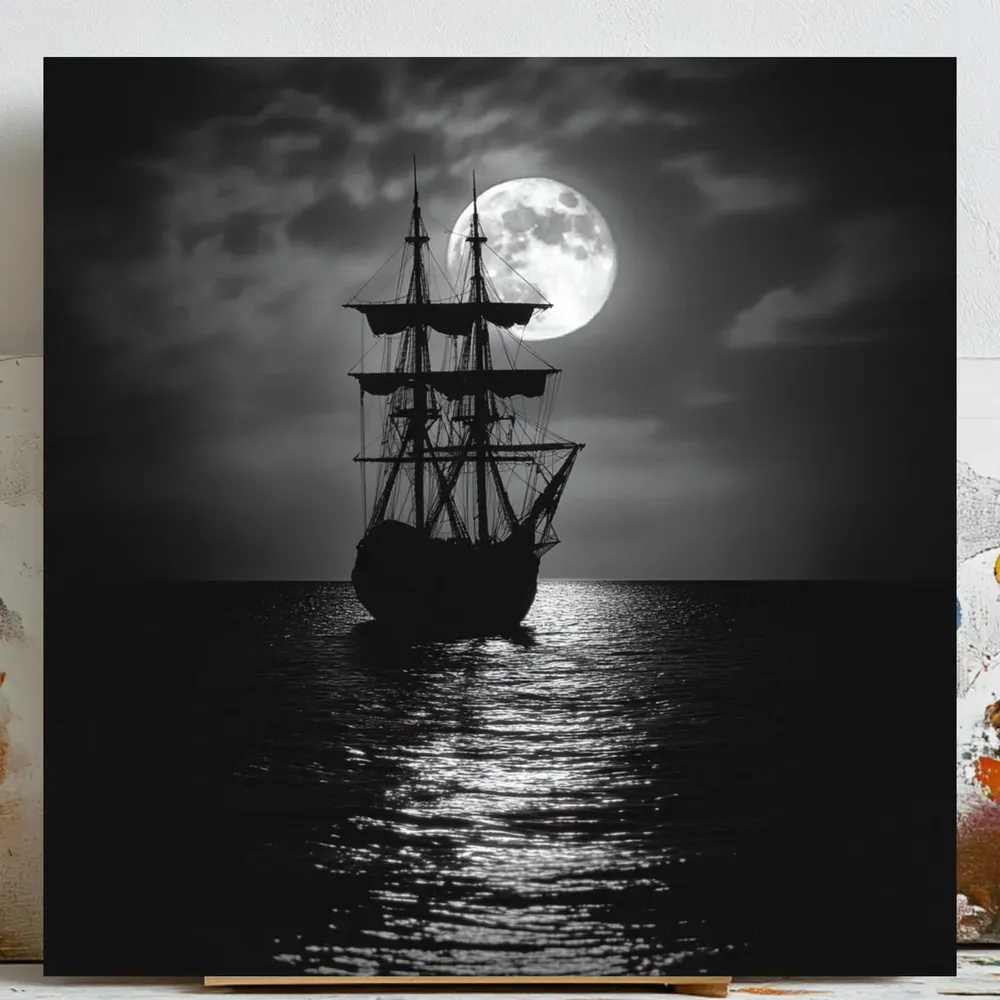 Moonlit Ocean And Ship Art Print, Nautical Decor