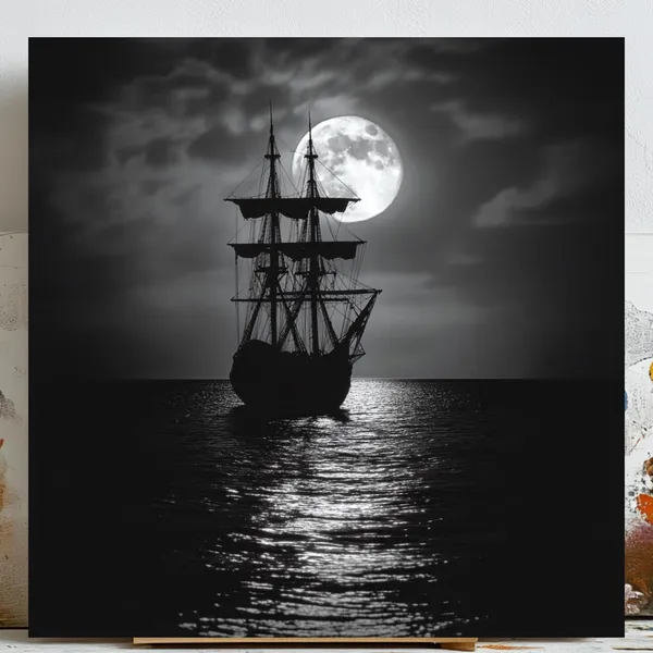 Moonlit Ocean And Ship Art Print, Nautical Decor