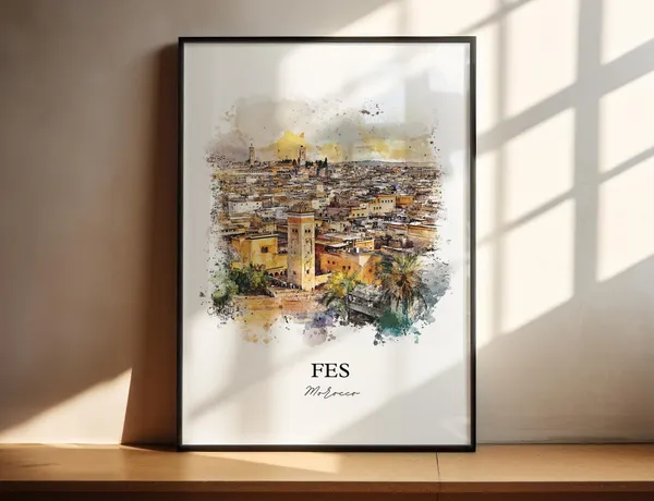 Fes Morocco Watercolor Travel Poster, Wall Art Print