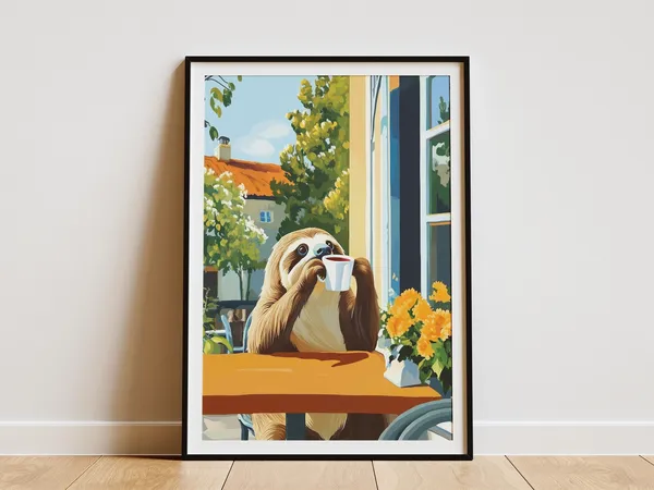 Sloth Cafe Poster, Matisse-Inspired Animal Art Print