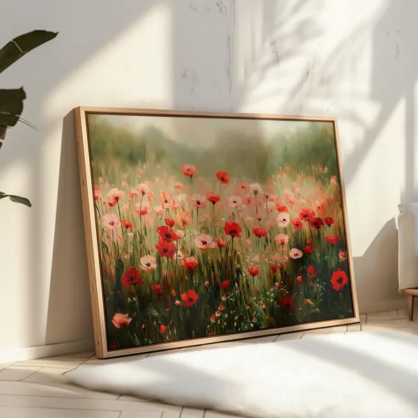 Pink and Red Poppy Field, Cottagecore Floral Art Print
