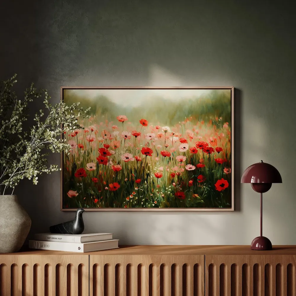 Pink and Red Poppy Field, Cottagecore Floral Art Print - Image 2